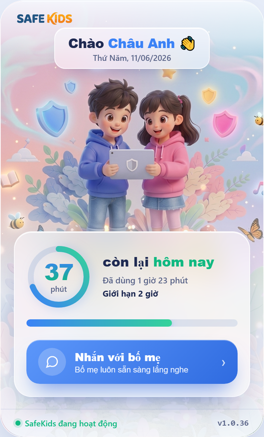 Ứng dụng SafeKids chạy trên máy tính của con, hiển thị thời gian còn lại trong ngày