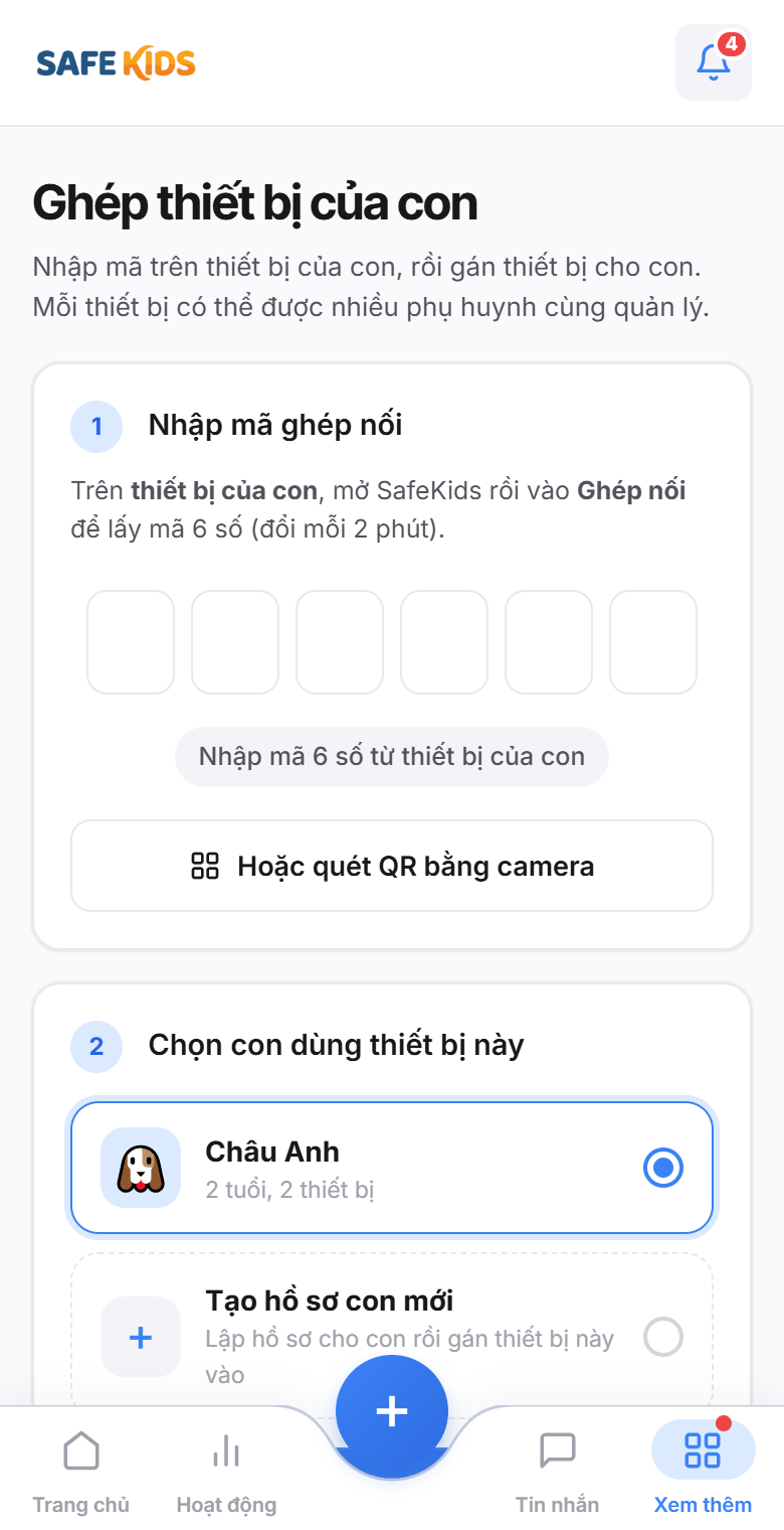 Nhập mã ghép nối 6 số trên điện thoại của phụ huynh để kết nối với máy tính của con